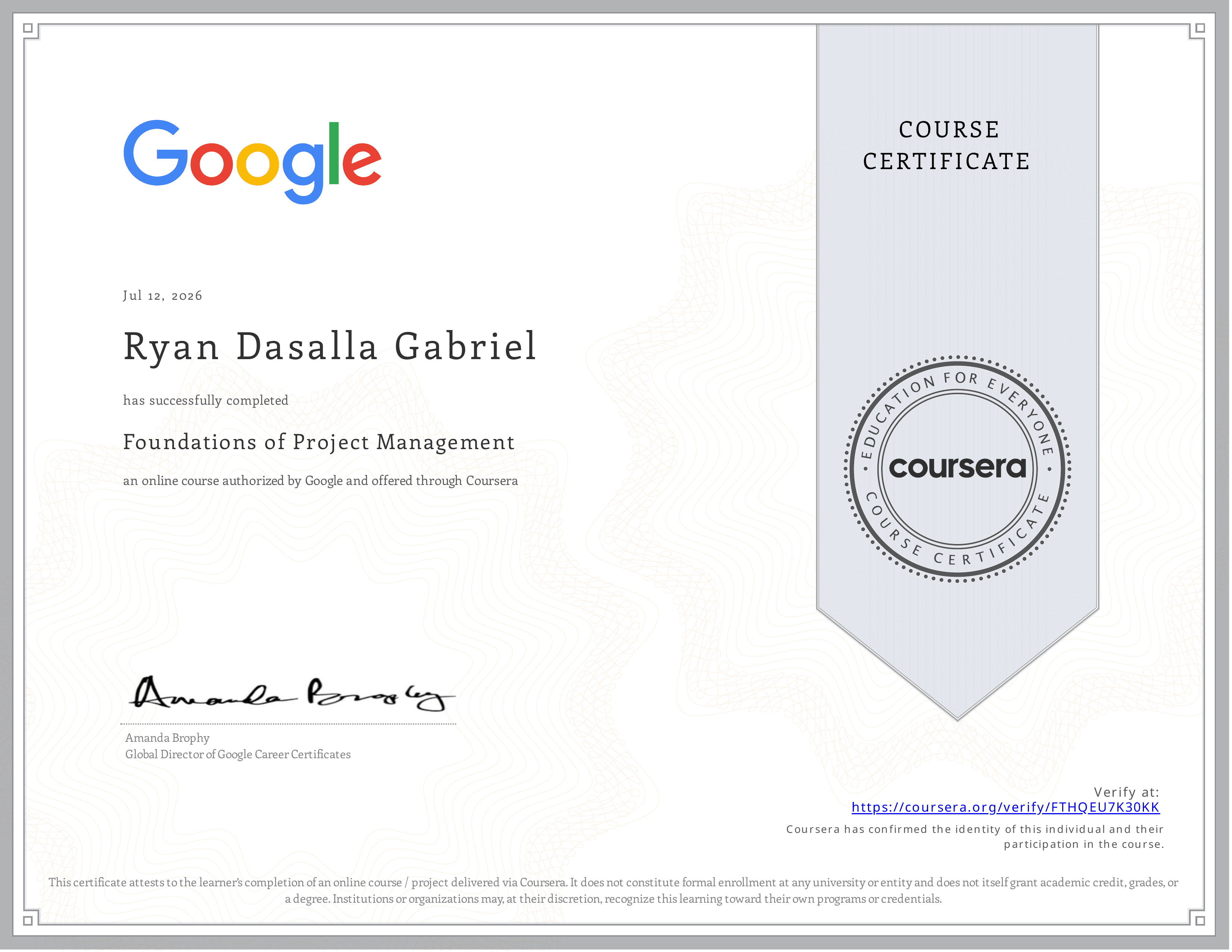 Foundations of Project Management certificate preview