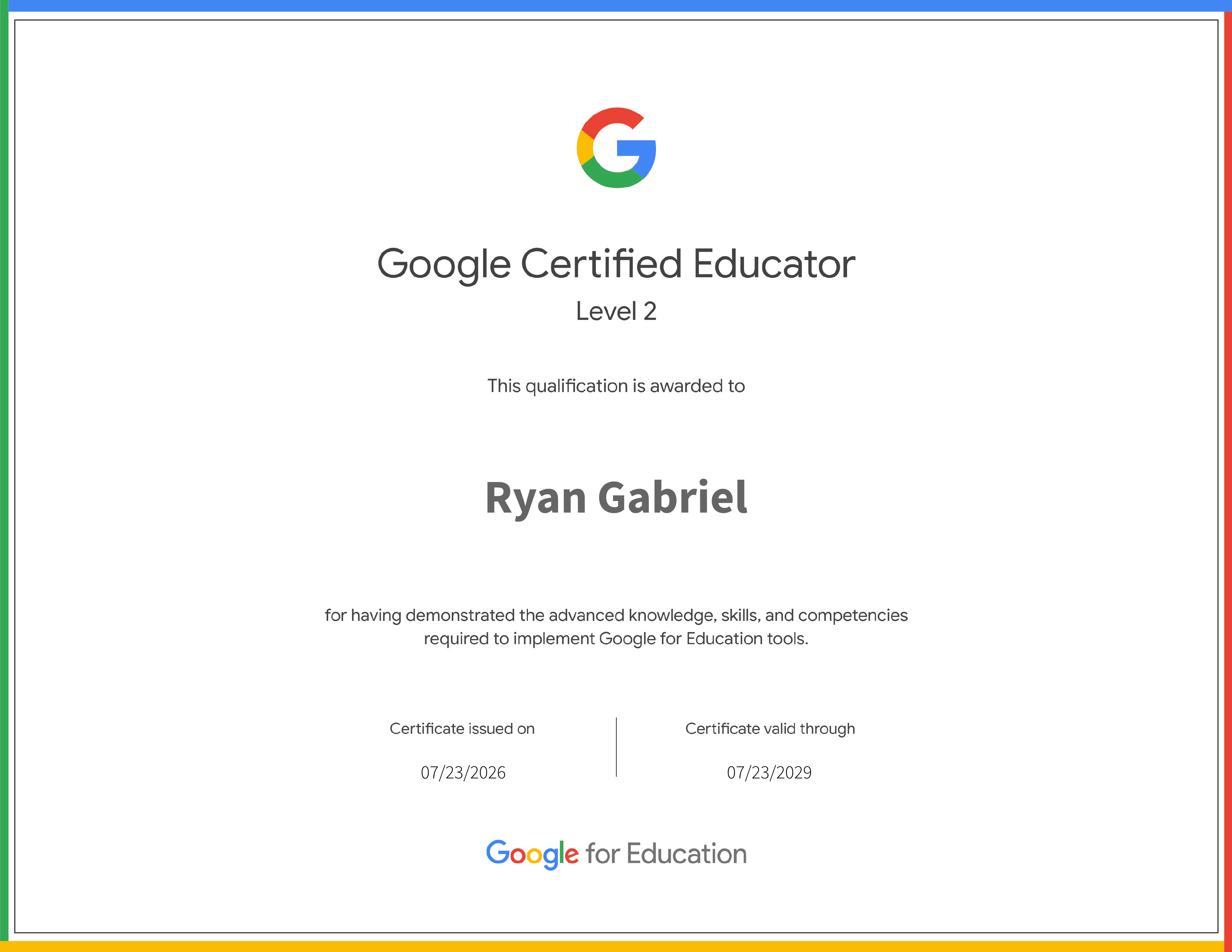 Google Certified Educator Level 2 certificate preview
